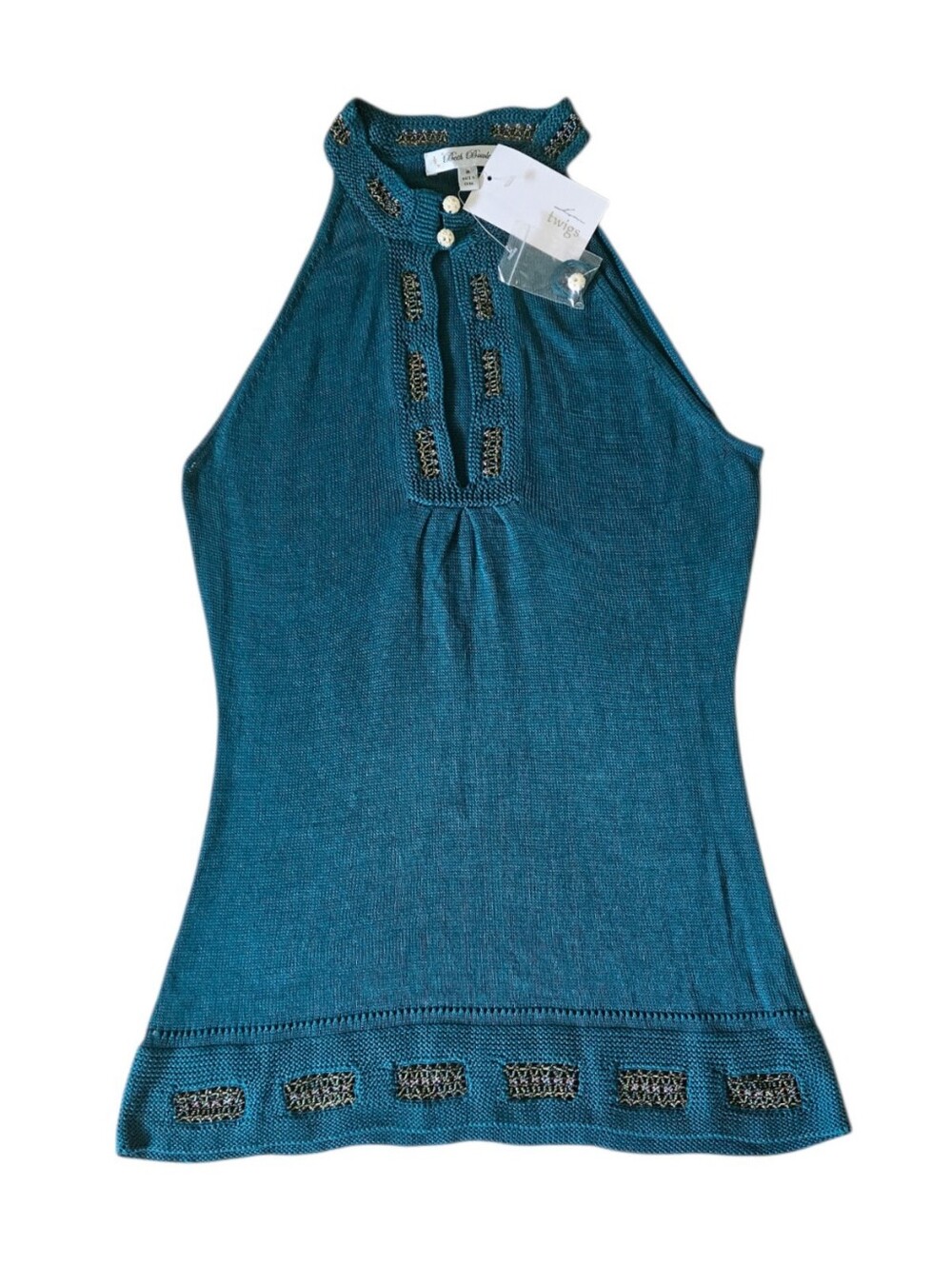 Beth Bowley Knit Halter Top Beaded NEW Women's Size M Peacock Blue Sleeveless